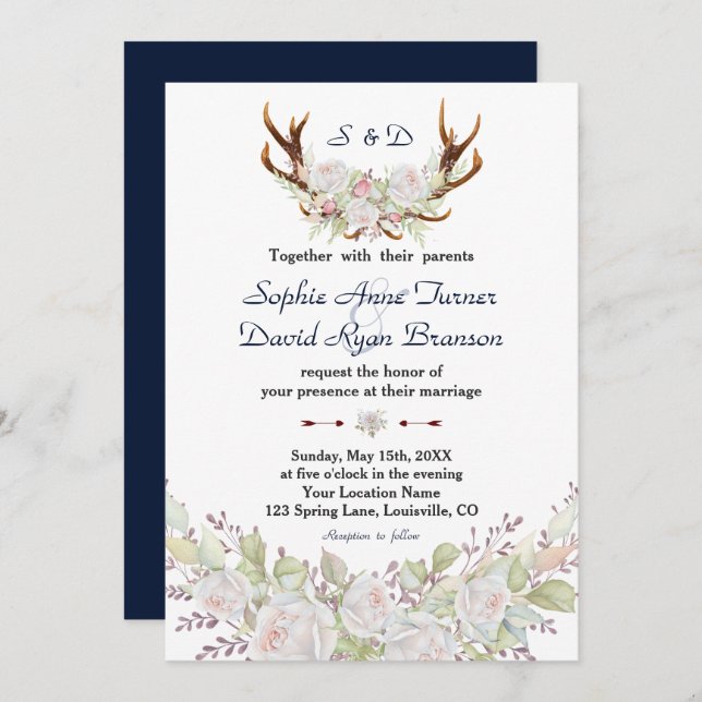 Chic White Roses Burgundy Antlers Navy Wedding Invitation (Front/Back)