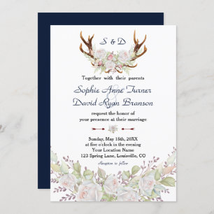 Chic White Roses Burgundy Antlers Navy Wedding Invitation
