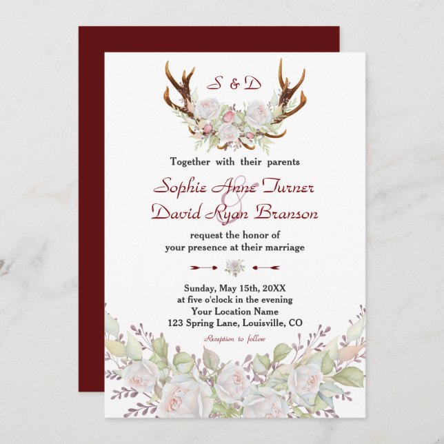 Chic White Roses Burgundy Antlers Wedding Invitation (Front/Back)