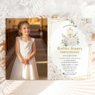 Chic White Roses Floral Baptism Christening Photo Invitation