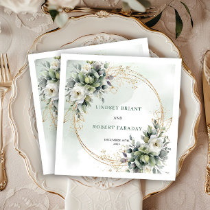 Chic White Roses Greenery Gold Wedding Napkins