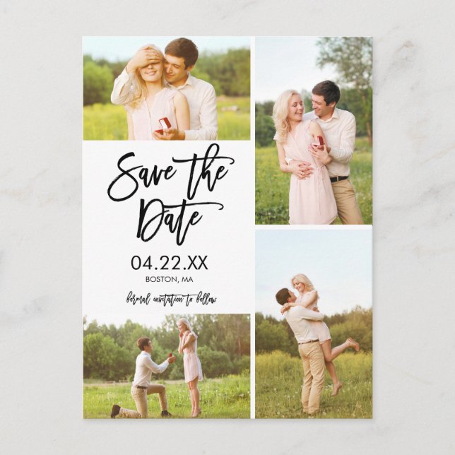 Chic White Save The Date 4-Photo Collage Announcem Announcement Postcard (Front)