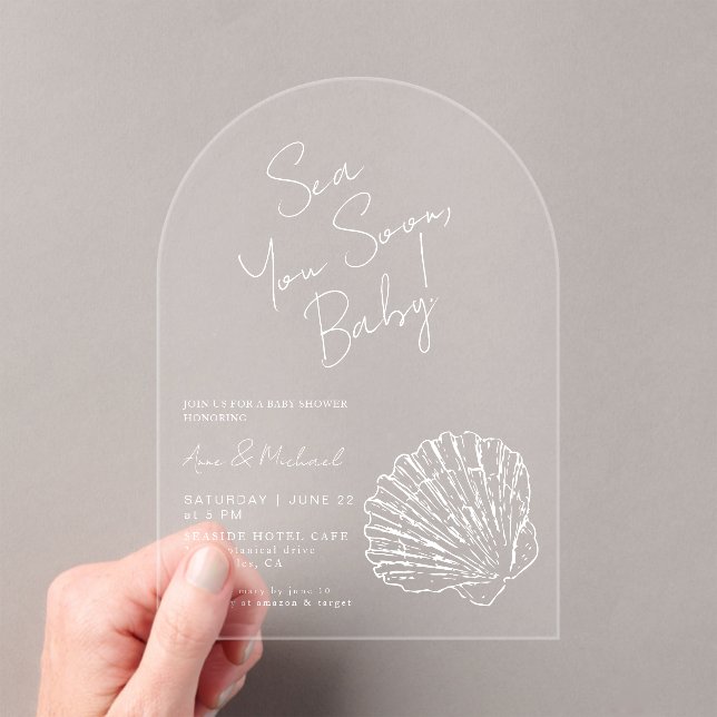 Chic White Scallop Shell Sea You Soon Baby Shower Acrylic Invitations (Insitu (Handheld))