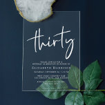Chic White Script 30th Birthday Party Acrylic Invitations<br><div class="desc">Elevate your 30th birthday party with this clear acrylic invitation that features "thirty" in a chic white script,  your name in elegant white serif typography and the party details in simple,  modern lettering, </div>