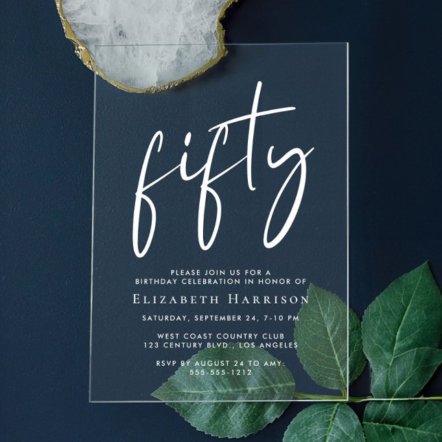 Chic White Script 50th Birthday Party Acrylic Invitations (Creator Uploaded)