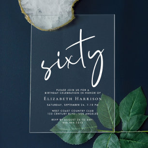 Chic White Script 60th Birthday Party Acrylic Invitations