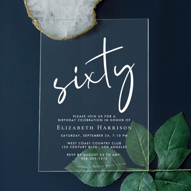 Chic White Script 60th Birthday Party Acrylic Invitations (Creator Uploaded)