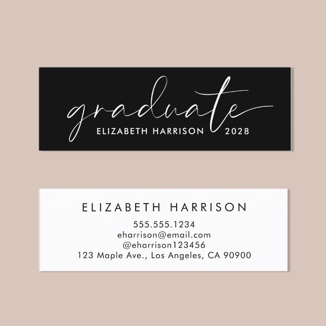 Chic White Script Black Graduation Name  Mini Business Card (Creator Uploaded)