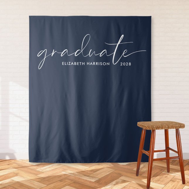 Chic White Script Blue Graduation Backdrop Tapestry (Chic White Script Blue Graduation Backdrop)