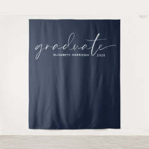 Chic White Script Blue Graduation Backdrop Tapestry