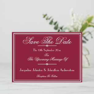 Chic White Script Borders Burgundy Save The Date Announcement