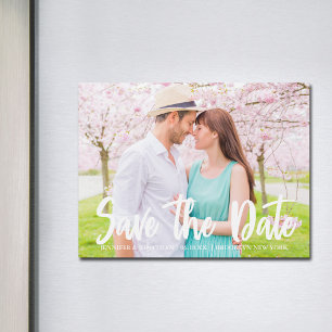 Chic White Script Engagement Photo Magnetic Card