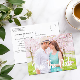 Chic White Script Engagement Photo Save the Date Postcard