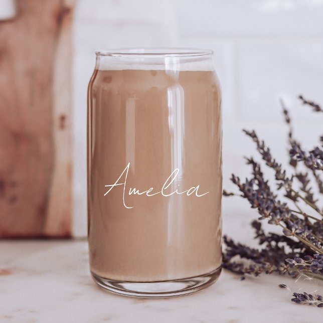 Chic White Script Monogram Can Glass (Creator Uploaded)
