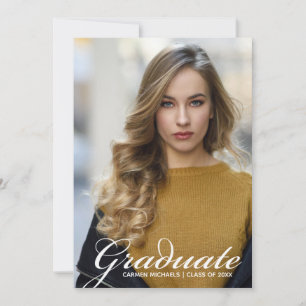 Chic White Script Overlay Graduate Photo Announcement