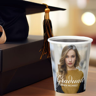 Chic White Script Overlay Graduate Photo Party Paper Cups
