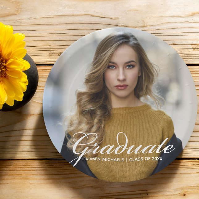 Chic White Script Overlay Graduate Photo Party Paper Plate (Creator Uploaded)