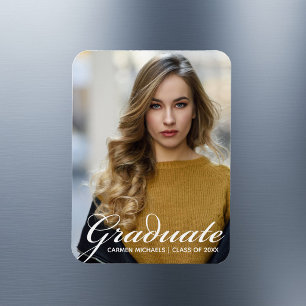 Chic White Script Overlay Modern Graduate Photo Magnet
