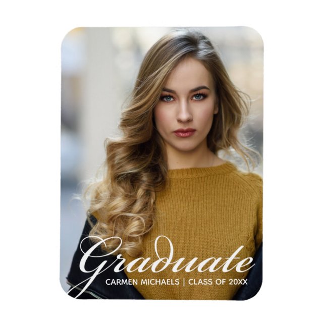 Chic White Script Overlay Modern Graduate Photo Magnet (Vertical)