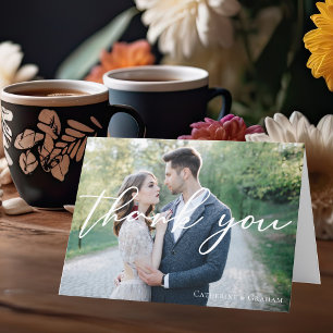 Chic White Script Overlay Wedding Photo Thank You Card