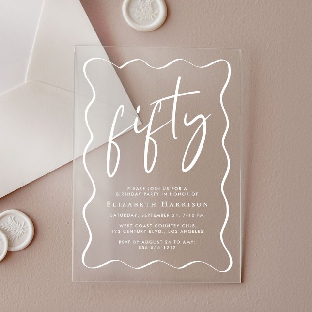 Chic White Script Wavy Frame 50th Birthday Party Acrylic Invitations (Creator Uploaded)