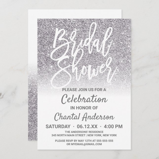 Chic White Silver Faux Glitter Ombre Bridal Shower Invitation (Front/Back)