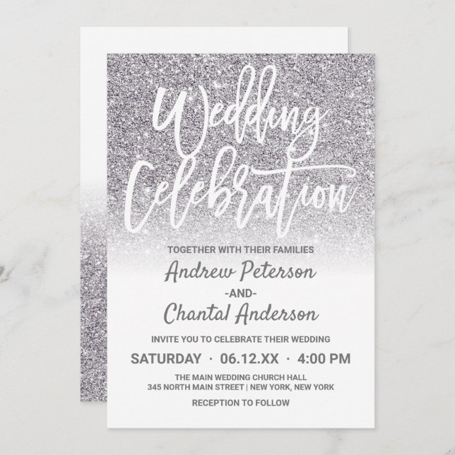 Chic White Silver Faux Glitter Ombre Wedding Invitation (Front/Back)