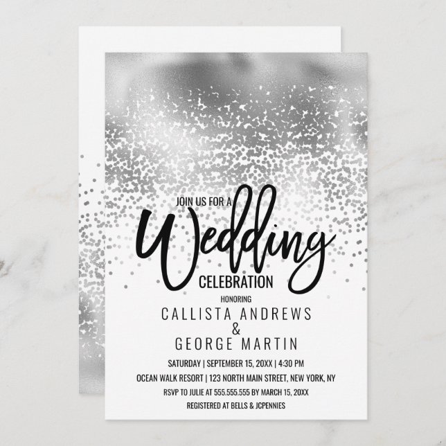 Chic White Silver Foil Confetti Ombre Wedding Invitation (Front/Back)