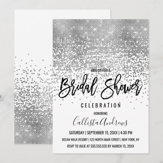 Chic White Silver Glitter Confetti Bridal Shower Invitation (Front/Back)