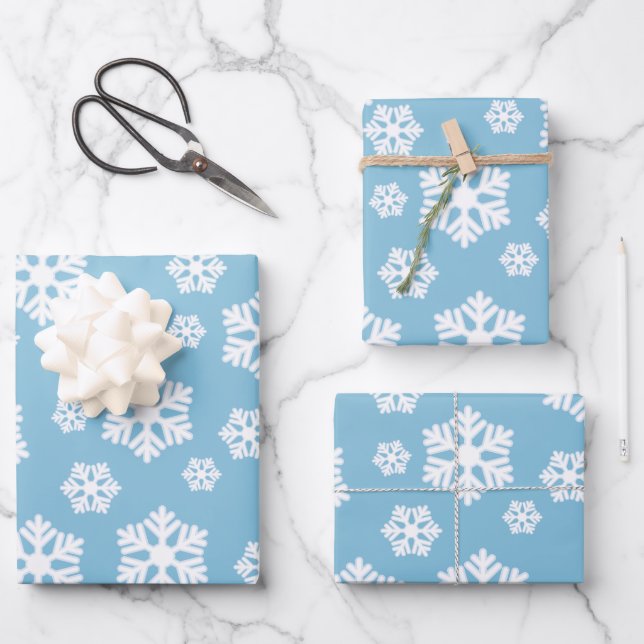 Chic White Snowflakes Nordic Pattern on Ice Blue Wrapping Paper Sheet (Front)