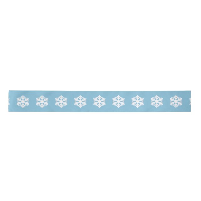 Chic White Snowflakes Nordic Pattern on Light Blue Satin Ribbon (Front)