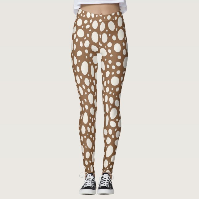 Chic White & Tan Polka Dot Stylish  Leggings (Front)