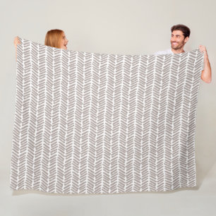 Chic White Taupe Beige Abstract Chevron Art Fleece Blanket