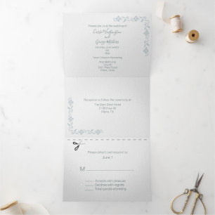 Chic White with Teal Flowers All in One Wedding Tri-Fold Invitation