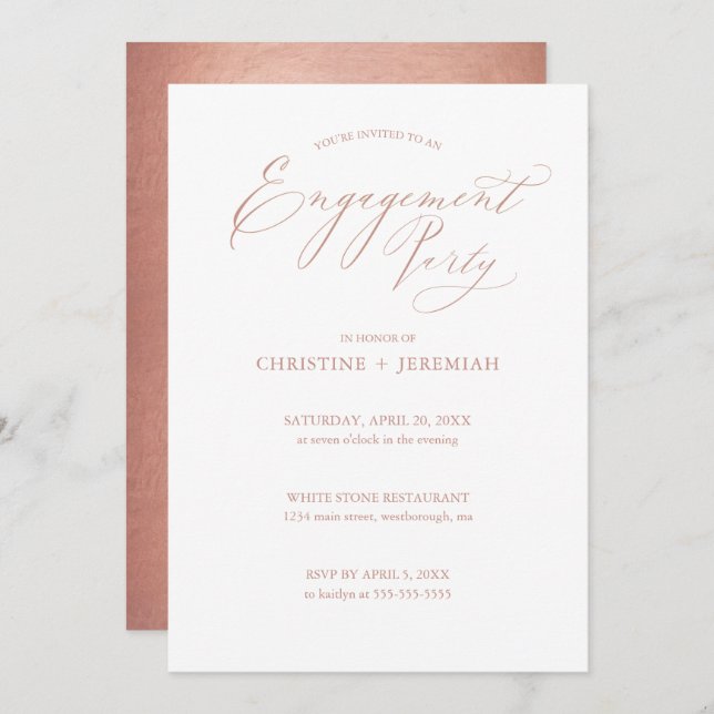 Chic Whte Rose Gold Calligraphy Engagement Party  Invitation (Front/Back)