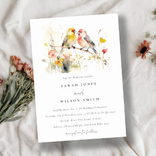 Chic Wild Botanical Watercolor Love Birds Wedding Invitation