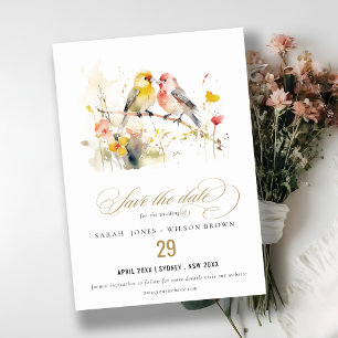 Chic Wild Botanical Watercolor Love Birds Wedding Save The Date