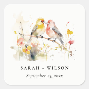 Chic Wild Botanical Watercolor Love Birds Wedding Square Sticker