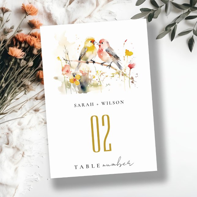 Chic Wild Botanical Watercolor Love Birds Wedding Table Number (Creator Uploaded)