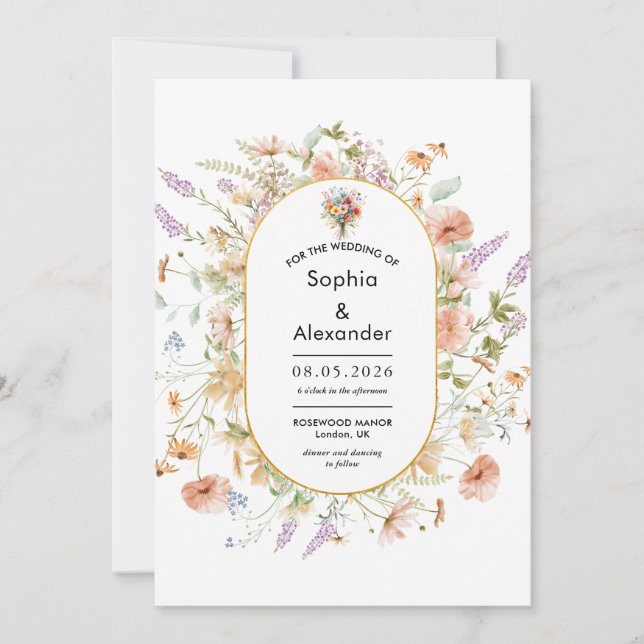  chic wild floral Cute golden Meadow wedding  Invitation (Front)
