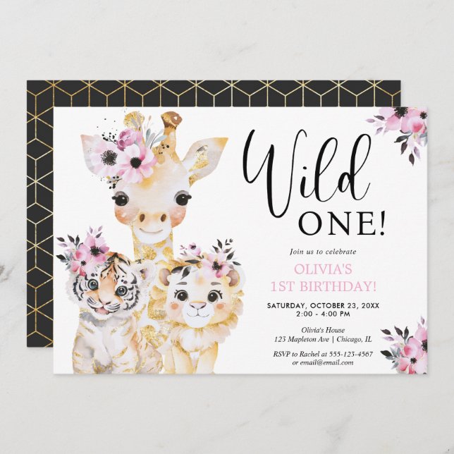 Chic Wild One safari girls 1st birthday party Invitation (Front/Back)