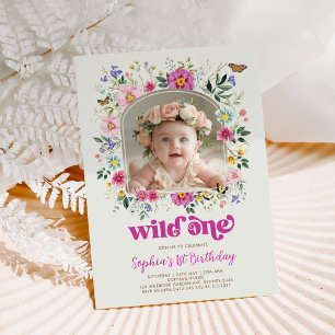 Chic Wild One Spring Wildflower 1st Birthday Photo Invitation