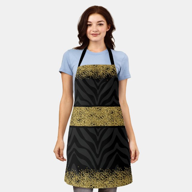 Chic Wild Zebra Pattern Gold Glitter-Look Confetti Apron (Worn)
