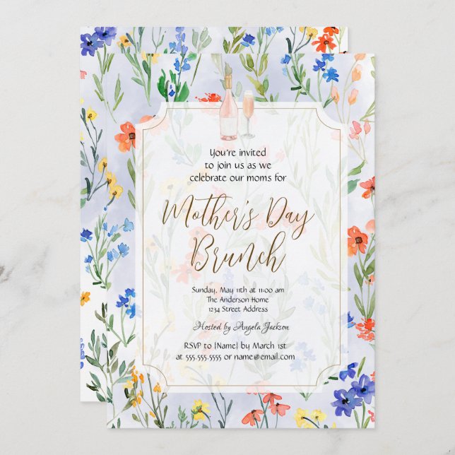 Chic Wildflower Blue Wine Mother's Day Brunch  Invitation (Front/Back)