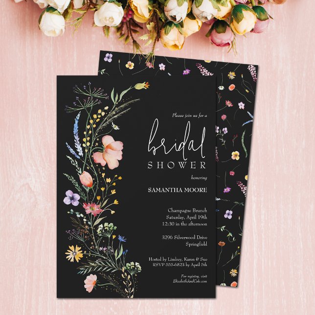 Chic Wildflower Bridal Shower Invitation (Wildflower bridal shower black invitations - PRINTED and/or INSTANT DOWNLOAD)