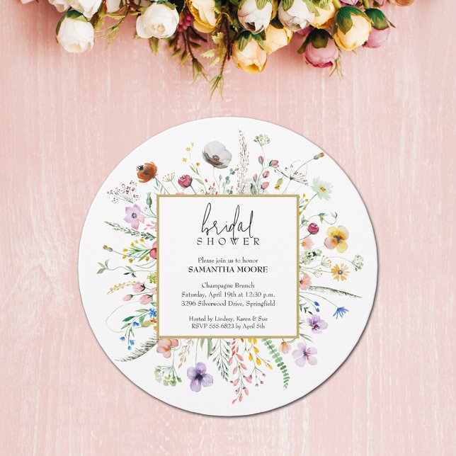Chic Wildflower Bridal Shower Round Invitation (Chic Wildflower Bridal Shower Round Invitations - PRINTED and/or INSTANT DOWNLOAD)