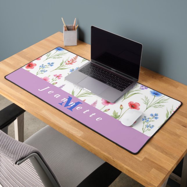 Chic Wildflower Floral Monogram Name Desk Mat (Office 2)