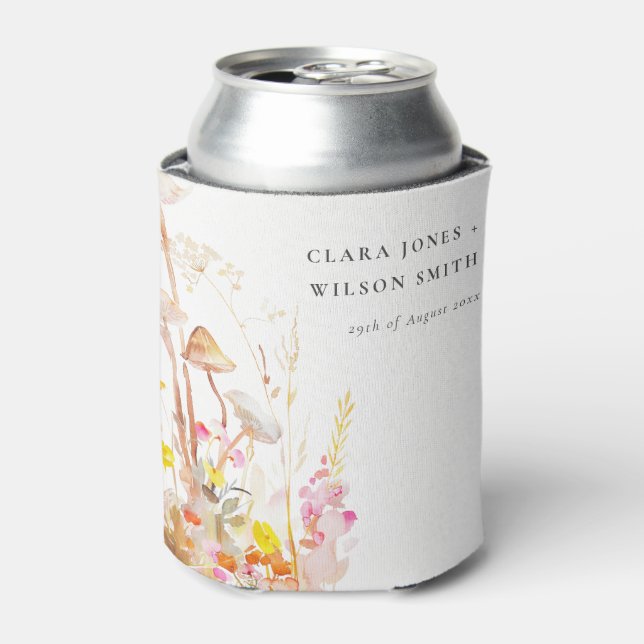 Chic Wildflower Mushroom Autumn Botanical Wedding Can Cooler (Can Front)