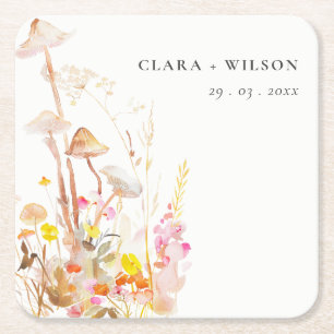 Chic Wildflower Mushroom Autumn Botanical Wedding Square Paper Coaster