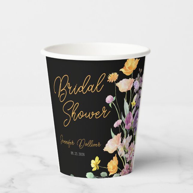 Chic Wildflower Script Bridal Shower Paper Cups (Front)